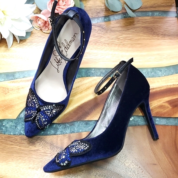 Libby Edelman Holly Blue Velvet Rhinestone Butterfly Heels | Size 8.5 M - Picture 2 of 5
